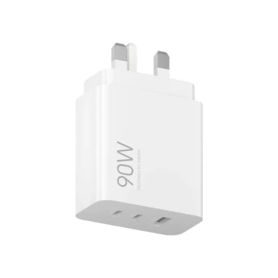 Complete White Xiaomi 90W HyperCharge three-port adapter with UK plug