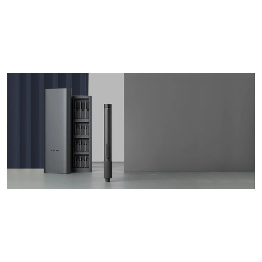 Xiaomi Electric Precision Screwdriver — complete tool beside its storage kit