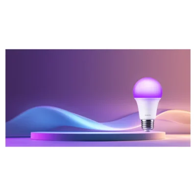 Whole Xiaomi Smart LED Bulb glowing purple in an official colour-lighting scene
