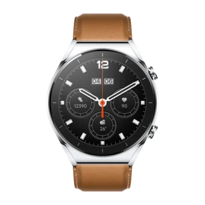 Xiaomi Watch S1 Silver front view with brown leather strap