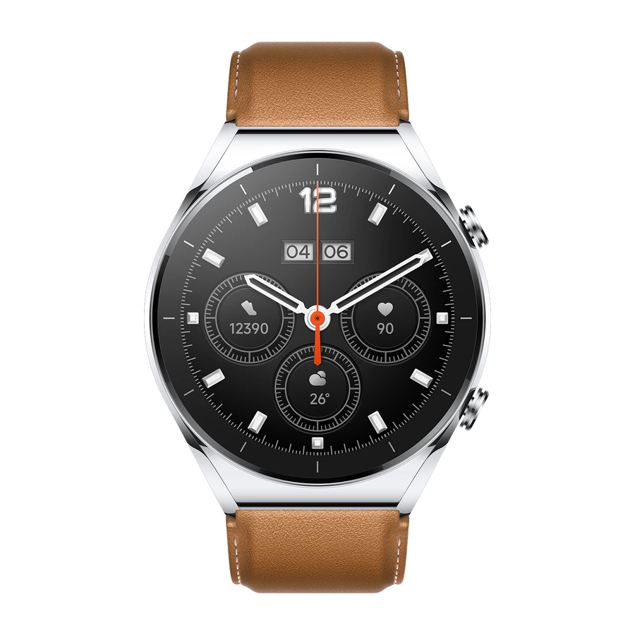 Xiaomi Watch S1 Silver front view with brown leather strap