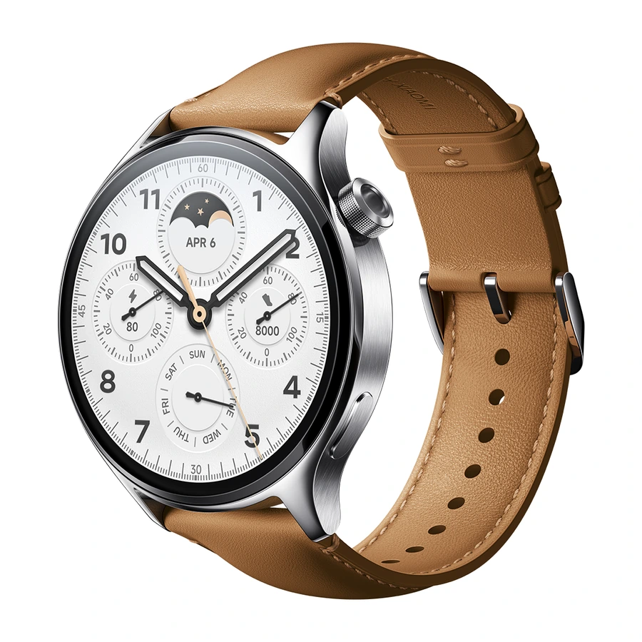 Xiaomi Watch S1 Pro (Silver) — complete Silver watch with brown leather strap