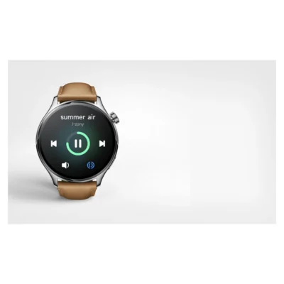 Xiaomi Watch S1 Pro (Silver) — complete watch displaying music controls
