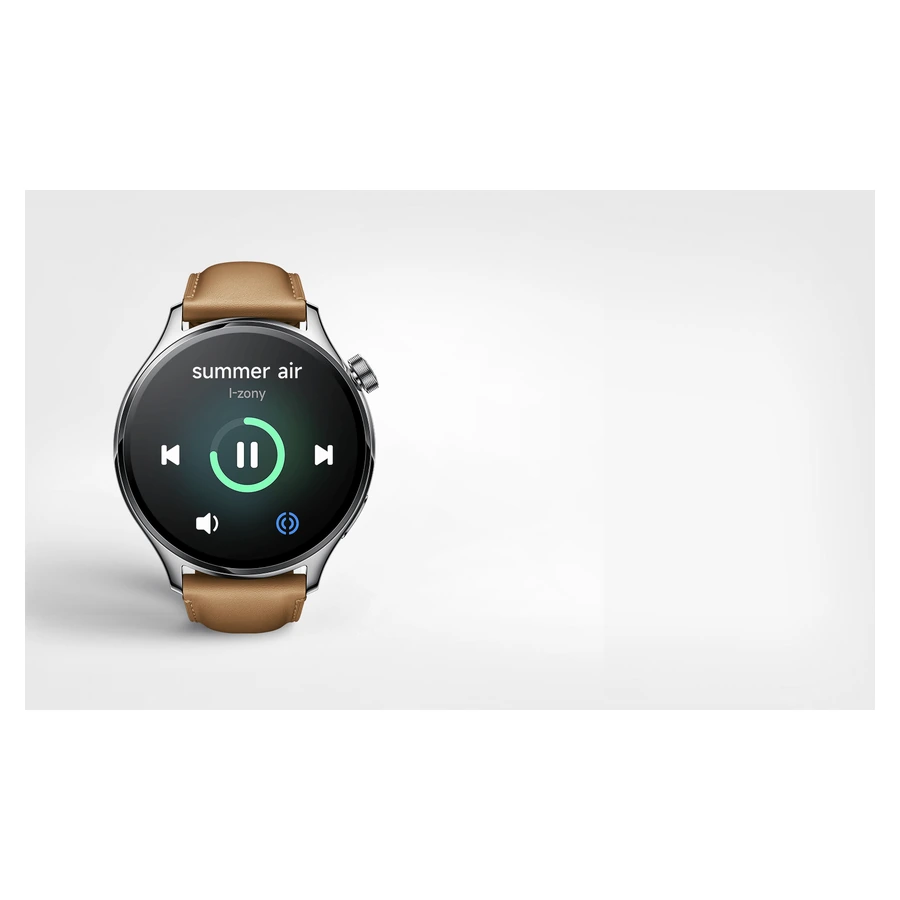 Xiaomi Watch S1 Pro (Silver) — complete watch displaying music controls