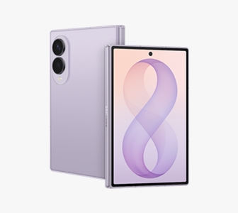 Two folded Galaxy Z Fold8 devices. One is seen from the back to show the rear cameras. The other is seen from the front to show the cover screen camera.
