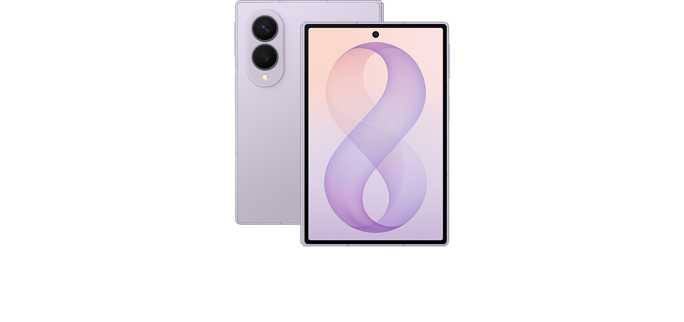 Two folded Galaxy Z Fold8 devices in Lavender. One is seen from the cover screen. The other is seen from the back.