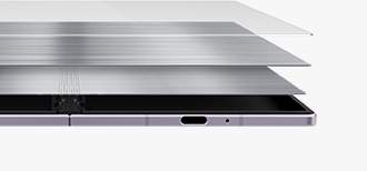 Unfolded Galaxy Z Fold8 is seen in a bottom view. Two titanium layers are seen between the device and the screen.