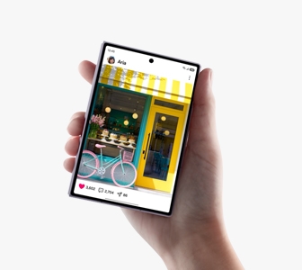 Galaxy Z Fold8 is being held comfortably in one hand. Social media content is seen on the cover screen.