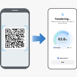 QR code is scanned to easily transfer data from an old device to a new Galaxy smartphone.